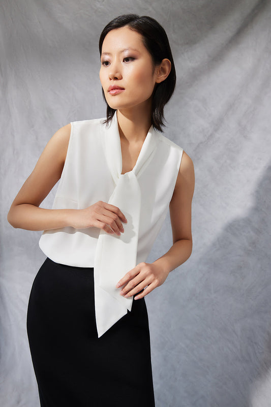 Drape Tie-Neck Crepe de Chine Blouse, White
