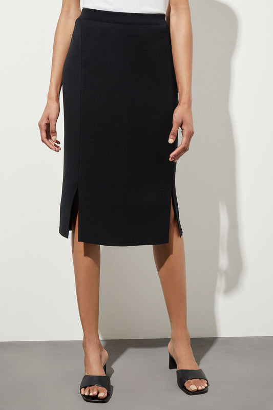 Knee Length Pencil Skirt - Front Slit Knit, Black | Ming Wang
